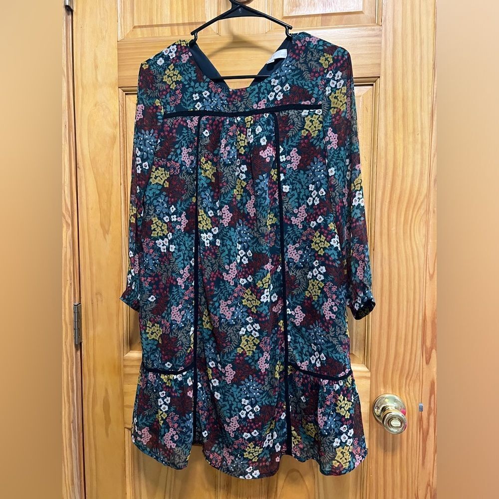 Loft size S petite floral dress with sheer sleeves